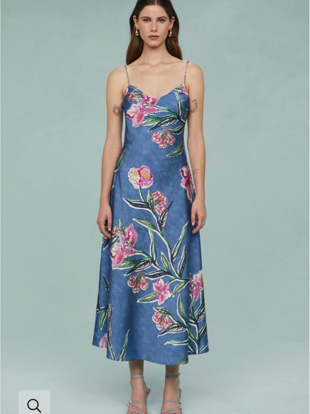 AMUR Blue Floral Slip Midi Dress with Pink Blooms